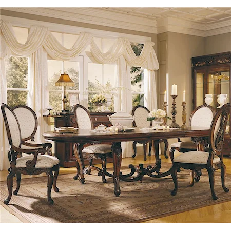 7 Piece Renaissance Dining Table and Upholstered Oval Back Chair Set